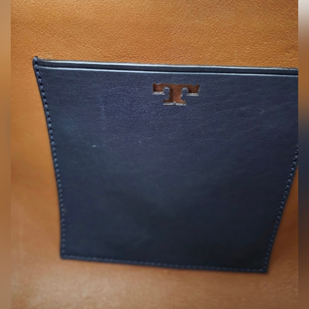 Tory Burch Rare Suede Patchwork Tote Wood Handle Navy Colorblock Pouch Crossbody - Picture 9 of 13